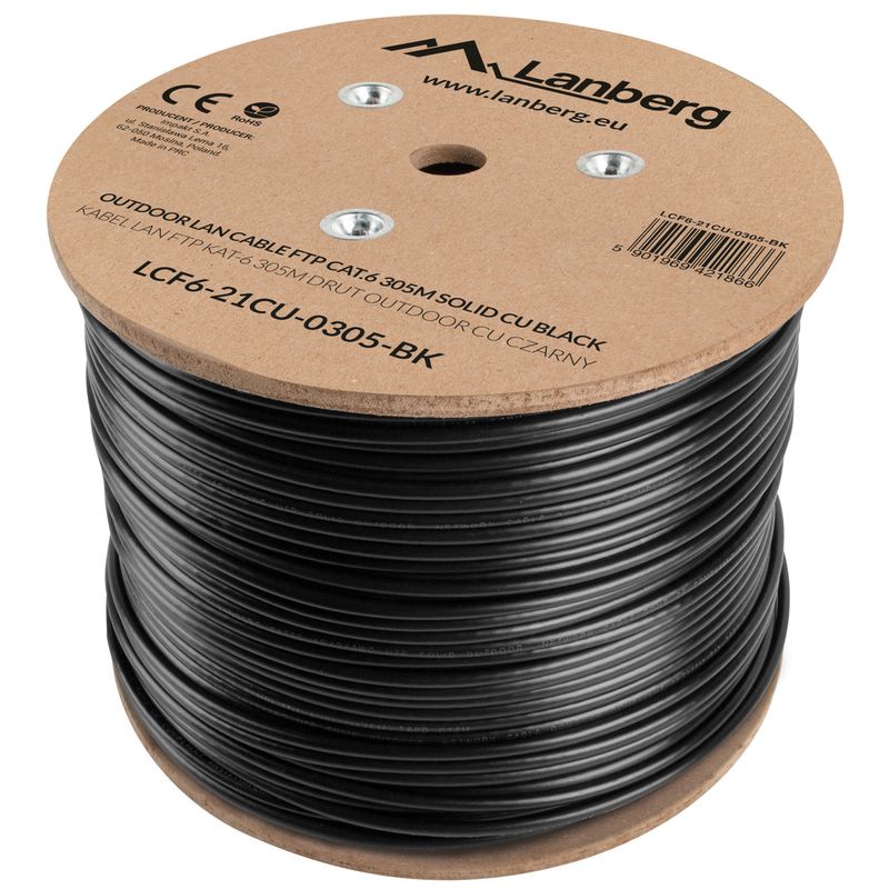 Bobina de cable de red ethernet Cat. 6 FTP de 305 m rígido de color negro para exterior fluke tested LCF6-21CU-0305-BK - LM19300 - 01