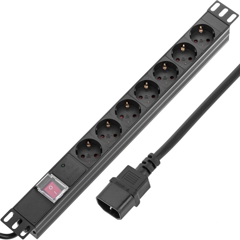 Regleta de enchufes para armario rack 19" 1U con 7 schuko e interruptor y cable 2 metros C14 - RE00600 - 01