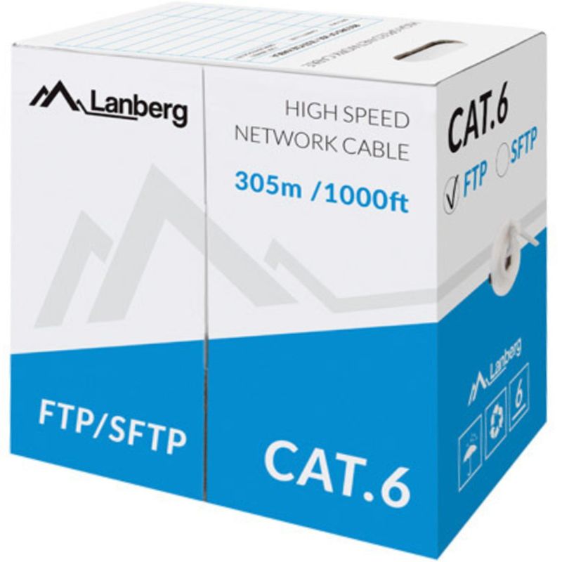 Lanberg Bobina de cable de red LAN FTP Cat. 6 rígido CU Fluke tested CPR gris 305m - LM13600 - 01