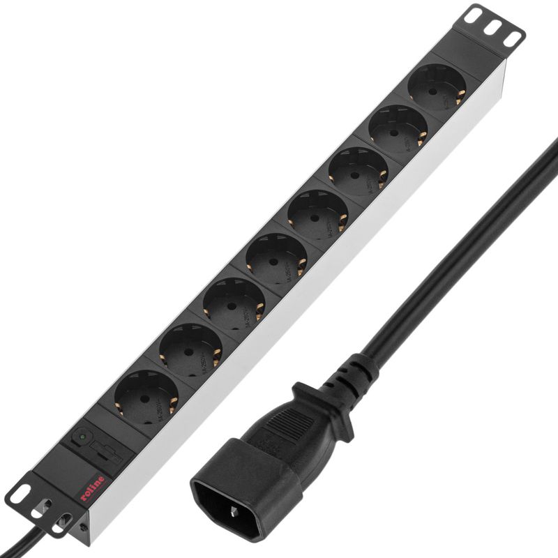 Regleta de enchufes de aluminio para armario rack 19" 1U con 8 Schuko y conector C14 - RE09600 - 01